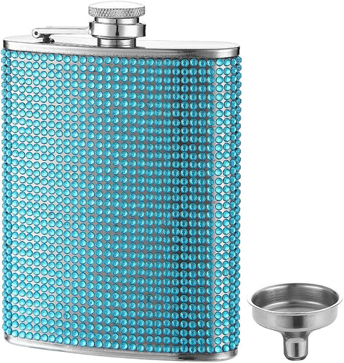 FYL Hip Flask for Liquor, Blue Glitter Flask 8oz with Never-Lose Cap