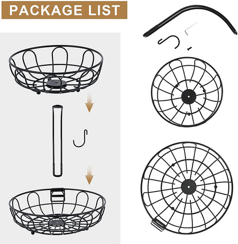 2 Tier Fruit Basket for Kitchen Countertop Detachable Metal Wire Fruits Vegetable Storage Bowl Tiered Stand Holder with Banana Hanger for Dining Table Organizer