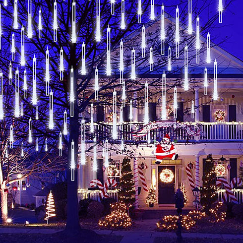 Adecorty Christmas Lights Outdoor Tree Snowfall LED Dripping Icicle Shooting Star Lights 12 inch 8 Tubes, Meteor Shower Falling Rain Lights for Xmas Decoration, Luces de Navidad para Exterior (White)