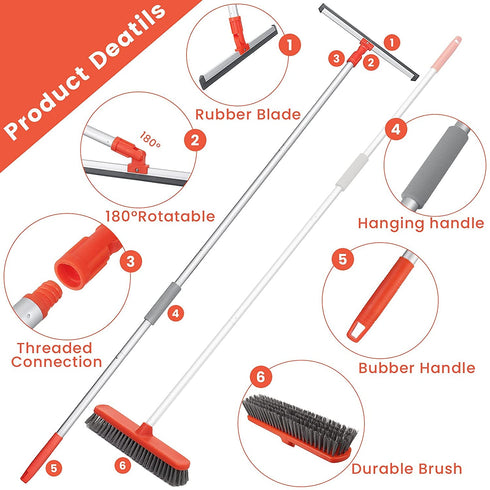 Baban Floor Squeegee Scrubber with Scrub Brush, Window Cleaning Tool with 13.8'' Floor Squeegee and 11.8'' Sweep Brush, Multifunction Magic Broom with 60˜™ Long Handle, Squeegee Broom for Liquid Dirt