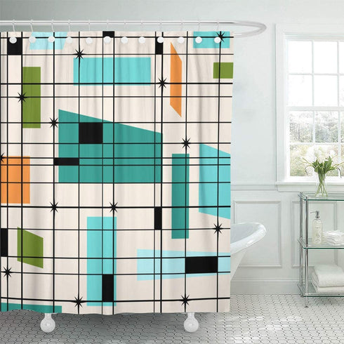 ArtSocket Shower Curtain Teal Mid Retro Grid and Starbursts Orange Century Modern Home Bathroom Decor Polyester Fabric Waterproof 72 x 72 Inches Set with Hooks