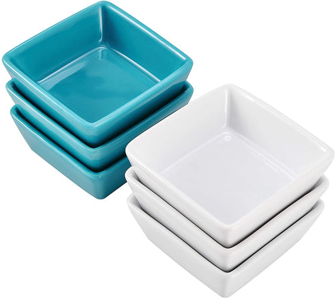 Bruntmor Porcelain Square Baking Ramekins for Souffle, Creme Brulee, Jams, Dipping Sauces, French Onion Soup Oven Safe, Appetizer Sauce Dipping Bowls, (4 Oz, Set of 6), White, Teal