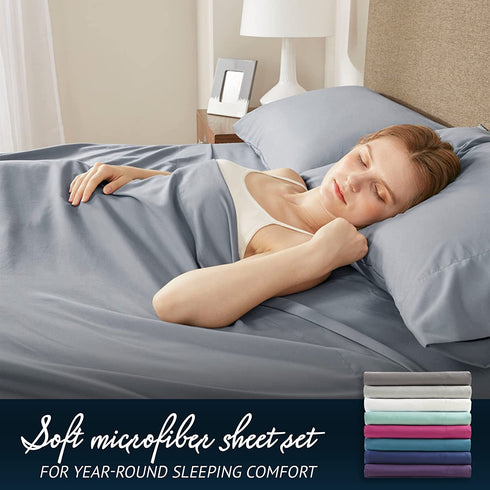 Comfort Spaces Microfiber Set 14" Deep Pocket, Wrinkle Resistant All Around Elastic-Year-Round Cozy Bedding Sheet, Matching Pillow Cases, Twin, Light Gray,CS20-0119