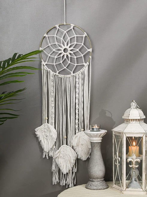 Shinowa Circle Dream Catcher, Cotton Woven Wall Hanging Moon Dream Catcher with Fairy Lights Round Macrame Wall Decoration Bohemian Decor Creative Tassel Home Hangings Boho Ornament Craft, Beige