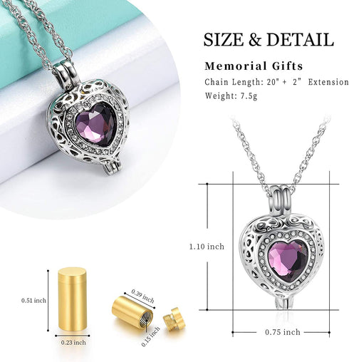 shajwo Cremation Jewelry Heart Urn Necklace for Ashes for Women Gilrs Mini Memorial Keepsake Birthstone Crystals Human Pet Ashes Pendant