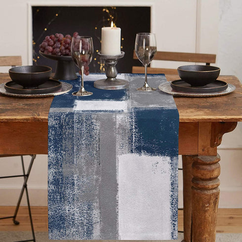 BINGIGO Blue Dining Table Runner 70 inches Long Abstract Navy Blue and Gray Coffee Table Runners for Wedding Birthday Party Thanksgiving Holiday Dinner 13x70inch