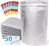 50 Pack Extra Thick 9.4 Mil 7''x10''-1 Quart Mylar Bags for Long-term Food Storage with 50 Labers,Resealable Smell Proof Heat Sealable Bags for Edible Packaging,Stand-up Foil Pouch Bag for Rice Tea