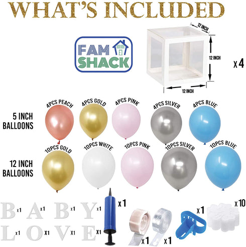 FamShack 96 Pcs White Gender Reveal Party Decorations with Gender Reveal Balloon Garland Kit | Clear Baby Boxes with Letters for Baby Shower Decorations (White)