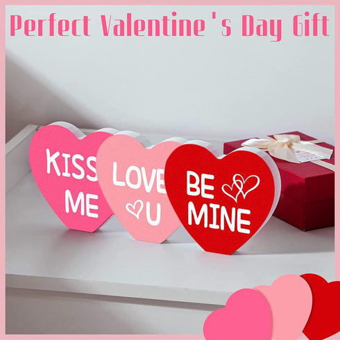 Valentine's Day Wood Sign Heart Shaped Wooden Sign Tabletop Centerpiece Decor Romantic Love Wooden Decor Freestanding Valentine's Day Table Decor for Valentine's Day Wedding, Red, Rose Red and Pink