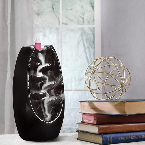 Ronlap Backflow Incense Burner, Ceramic Waterfall Smoke Incense Holder with 120 Upgraded Incense Cones+30 Incense Sticks+1 Tweezer+1 Mat, for Aromatherapy Meditation Home Decorations, Black