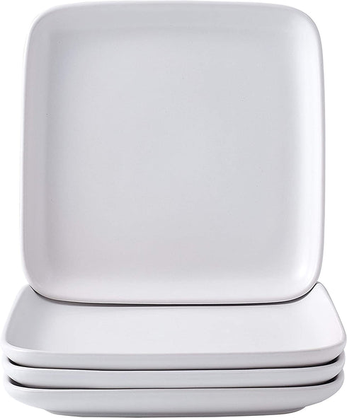 Bruntmor 8-Inch Set of 4, Heavy Duty Ceramic Dinner Plates, Elegant Matte Square Serving Plates for Dessert, Classic Serving Plate for Steak, Pasta and Salad, Dinner Plates, White