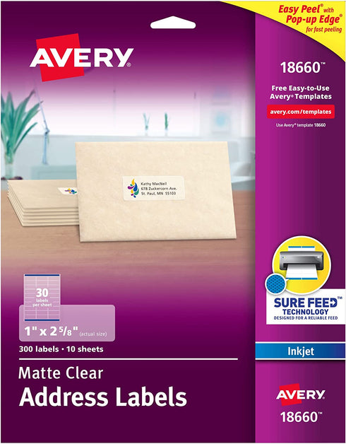 AVERY Matte Frosted Clear Address Labels for Inkjet Printers, 1" x 2-5/8", 300 Labels (18660)