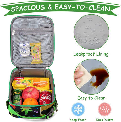 Kasqo Lunch Box Bag for Kids, Insulated Cute Lunch Bag with Shoulder strap Water Bottle Holder Mini Cooler Thermal Meal Tote Kit for Toddler Boys and Girls, Black Dinosaur