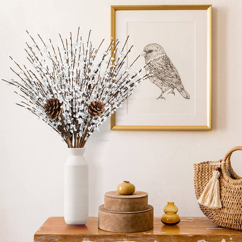 Houele - Long Stem Artificial Flowers for Tall Vase, Fake Branches, Pussy Willow Branches Home Vase Fillers for Home Hotel Office Bedroom DIY Decor (10 Pcs White + 2 Pcs Pine Cones)