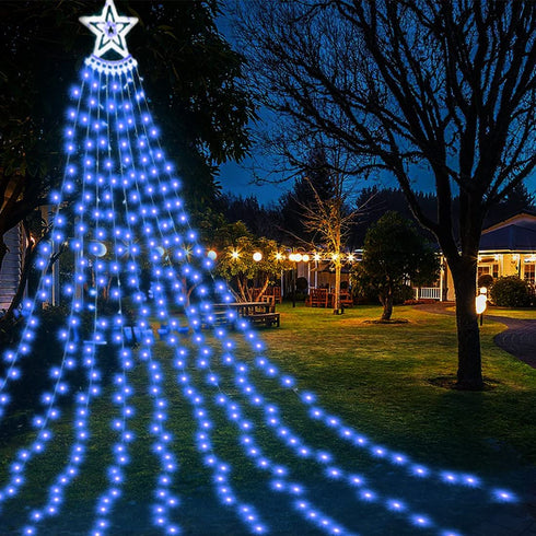 Yostyle Waterfall Christmas Decorations Star Lights String, 317 LED Outdoor Christmas Tree Lights with Topper Star, 8 Modes Decorative Water Flow Lights for Yard Party Holiday Decor (Cool White)