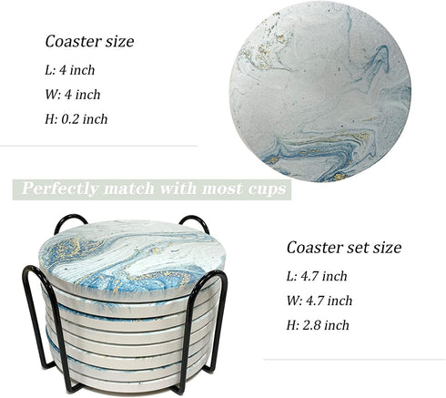 Coasters for Drinks, Round Absorbent Ceramic Stone Coasters Set of 8 with Cork Base, Funny Drink Coasters with Holder for Cold Drinks Wine Mugs and Cups Tabletop Protection, 4 Inches,Teal Marble