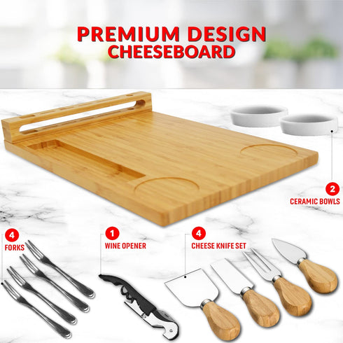 Cheese board Cutlery Knife Set bamboo Charcuterie Platter Serving Tray, with ceramic bowls Server Forks, Wine Opener, Cheese Plate Set Gift for Birthdays, Christmas Anniversary Wedding Registry,