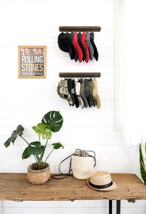 Mkono Hat Rack for Wall Wooden Baseball Caps Organizer with 20 Hooks Rustic Cowboy Hat Hanger Wall Mounted Caps Display Rack for Closet Door Bedroom Entryway, Set of 2, Brown