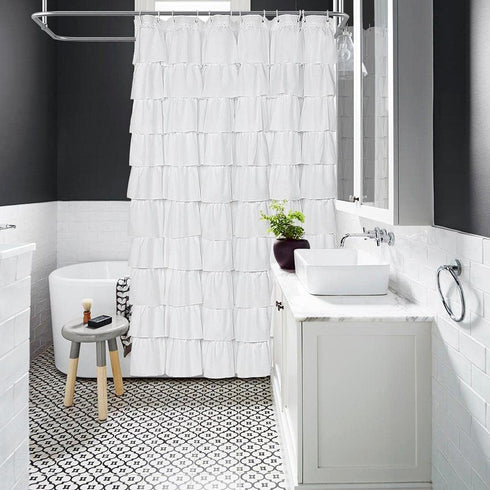 Volens White Shower Curtain Fabric/Ruffle for Bathroom,72in Long