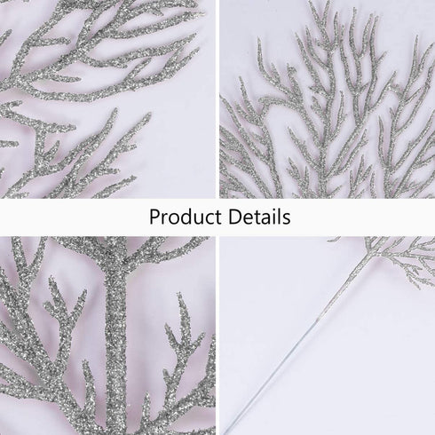 HEMOTON 12PCS Artificial Pine Branches Glitter Pine Needles Spray Stems Faux Cedar Spray Picks Greenery DIY Accessories for Christmas Holiday Winter Garden Decor Silver