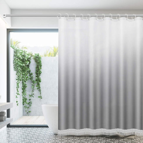 Ombre Shower Curtain with Tassels, Fabric Grey Shower Curtain Set with Hooks, FLYMALL Waterproof Machine Washable Gradient White and Gray Bathroom Curtains 72 x 72 Inch (Ombre Grey)