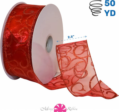 Morex Ribbon 7416.60/50-709 Swirl 2.5" X 50 YD Nylon Sheer Curling Wired Glitter Ribbon, Red, Holiday Ribbons for Crafts and Christmas Decorations, Indoor Christmas Ribbon for Gift Wrapping