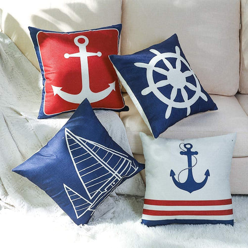 JOTOM Set of 4 Decorative Cushion Covers Square Nautical Sailing Throw Pillow Covers Home Decor Design Set Covers Cushion Case for Sofa Bedroom Car 18x18 Inches (Anchor)