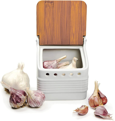 RSVP International White Stoneware Kitchen Collection, Stoneware Garlic Keeper, 4.5x4x4.5"