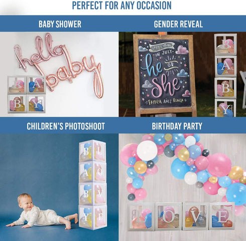 FamShack 96 Pcs White Gender Reveal Party Decorations with Gender Reveal Balloon Garland Kit | Clear Baby Boxes with Letters for Baby Shower Decorations (White)