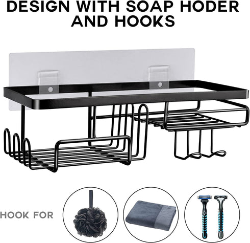 BBtang Shower Caddy, Shower Organizer Adhesive Wall Mounted Shelf with 11 Hooks, No Drilling Black Shower Racks Basket Shelves Stainless Steel Bathroom Storage Shampoo Holder for Toilet Kitchen 2 Pack