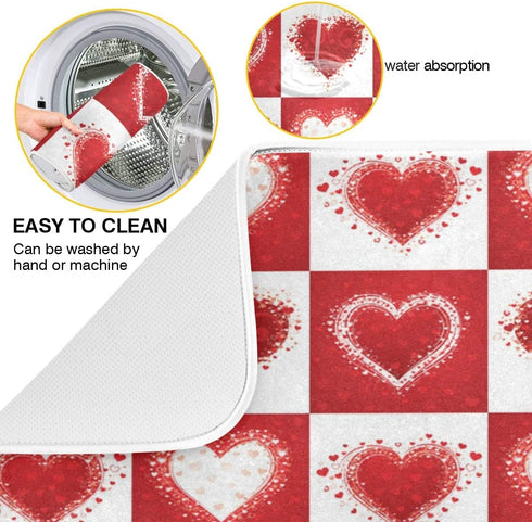 Valentine's Day Love Heart Red Buffalo Plaid Dish Drying Mat 18x24 for Kitchen Mother's Day Rose Pink Flowers Dishes Pad Dish Drainer Rack Mats Absorbent Fast Dry Kitchen Accessories
