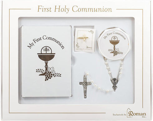 White and Gold 5 Piece Communion Set Rosary Box Pin Book Scapular