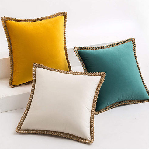 AQOTHES Pack of 2 Velvet Decorative Farmhouse Burlap Trimmed Tailored Edges Decor Pillow Cover Cushion Throw Pillows for Couch Sofa, 18 x 18 Inch, Teal