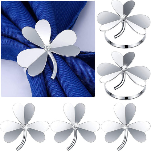 6 Pcs Shamrock Clover Napkin Ring St. Patrick's Day Napkin Rings Buckle Holder Rhinestone Metal Alloy Napkin Ring Exquisite Napkins Rings St. Patrick's Day Wedding Decor (Silver,Classic Style)