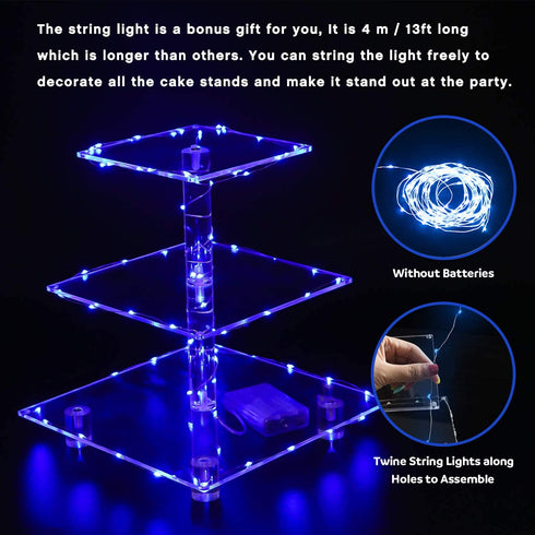 YestBuy 3 Tier Square Cupcake Stand - Premium Cupcake Holder - Acrylic Cupcake Tower Display - Cady Bar Party D©cor + LED Light String - Ideal for Weddings, Birthday Parties( Blue Light)