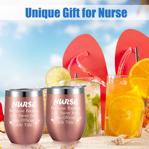 2 Pack Nurse Gift for Women, Appreciation Birthday Nursing Graduation Gift for Registered Nurse, Nurse Practitioner, Nurse Student, Nursing Funny 12 oz Wine Tumbler with Straw and Brush (Rose Gold)