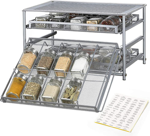 NEX Spice Rack Organizer for Cabinet, 3 Tier Kitchen Seasoning Food Jars Storage Drawer with Labels, Silver