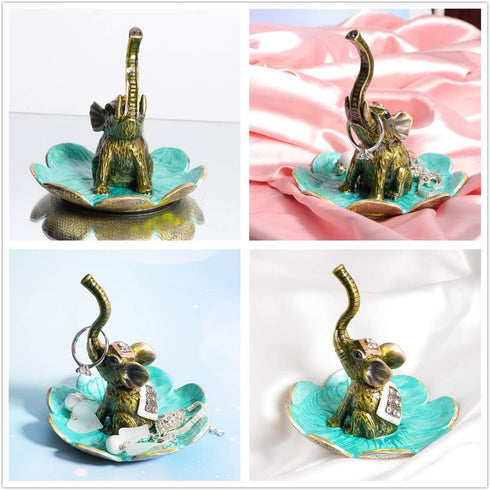 Waltz&F Raise Nose Elephant on Petal Metal Ring Jewelry Holder Trinket Box Figurine Collectible Table Centerpiece Decor