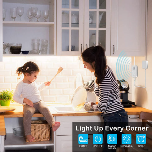 Motion Sensor Under Cabinet Lights - Plug-in LED Strip Lights Indoor with Power Adapter, Dimmer and Timer for Kitchen Cabinet, Counter, Shelf, Showcase, Stairway, Bedroom, Corridor, Washroom