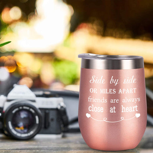 Friends Wine Tumbler Set of 2, Side By Side or Miles Apart Friends Are Always Close at Heart Wine Tumbler for Good Friends Long Distance Friends Women, 12 Oz Stainless Steel Insulated Wine Tumbler