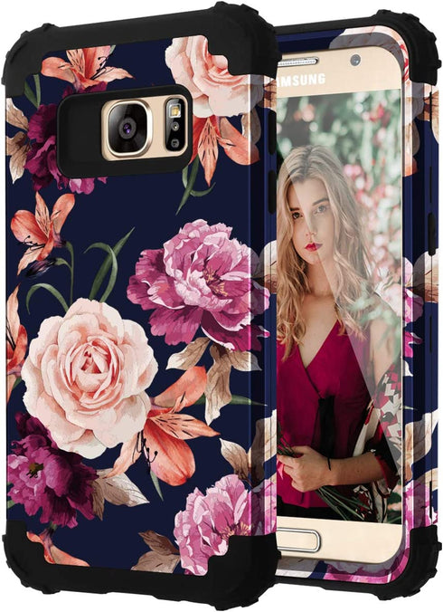 Samsung S7 Case,S7 Phone Case,Casewind Samsung Galaxy S7 Case Floral 3 in 1 Hard PC Soft Silicone Heavy Duty Hybrid Protection Shockproof Anti-Scratch Rugged Bumper Cover for Galaxy S7 Case,Navy Blue
