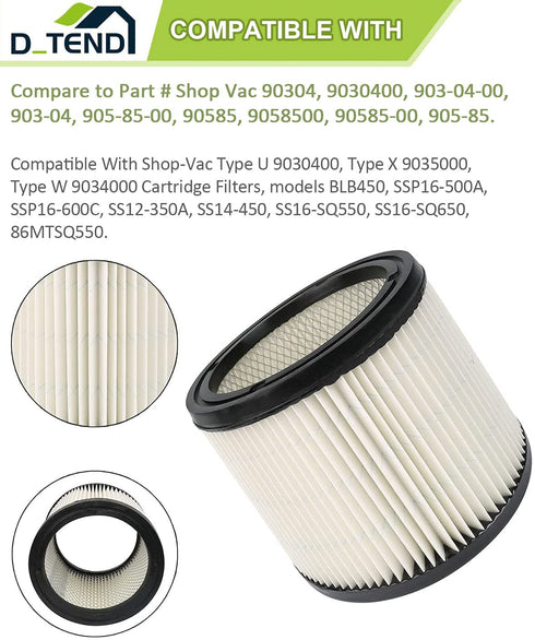 D-TEND 90350 Filter Cartridge with Cap Fits Shop-Vac 5 Gallon and Up Wet & Dry Vacs, Compatible with Part 90304 (2+1)
