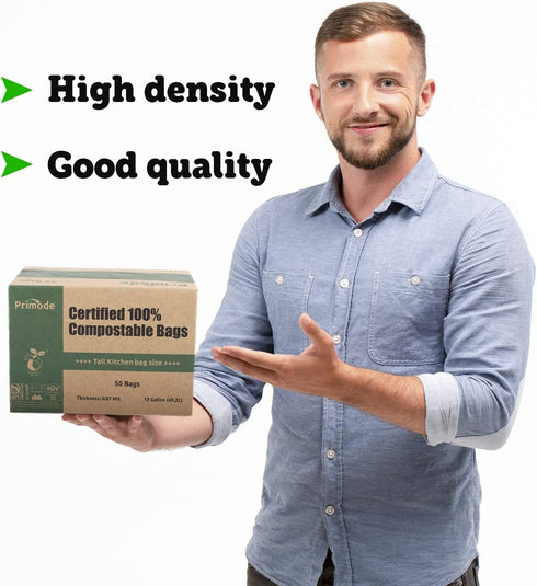 Primode 100% Compostable Bags, 13 Gallon Food Scraps Yard Waste Bags, 50 Count, Extra Thick 0.87 Mil. ASTMD6400 Compost Bags Small Kitchen Trash Bags, Certified By BPI And TUV