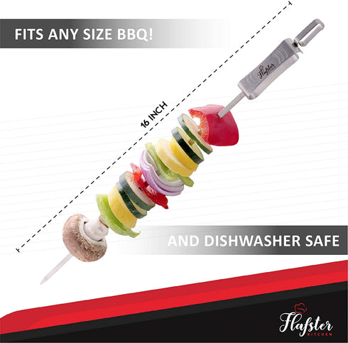 FLAFSTER KITCHEN Skewers for Grilling- 16" Long Flat BBQ Skewers with Push Bar- Shish Kabob Skewers - Stainless Steel Skewer Sticks for Camping - Wide Reusable Sword Skewers - 8 Pack with Storage Bag