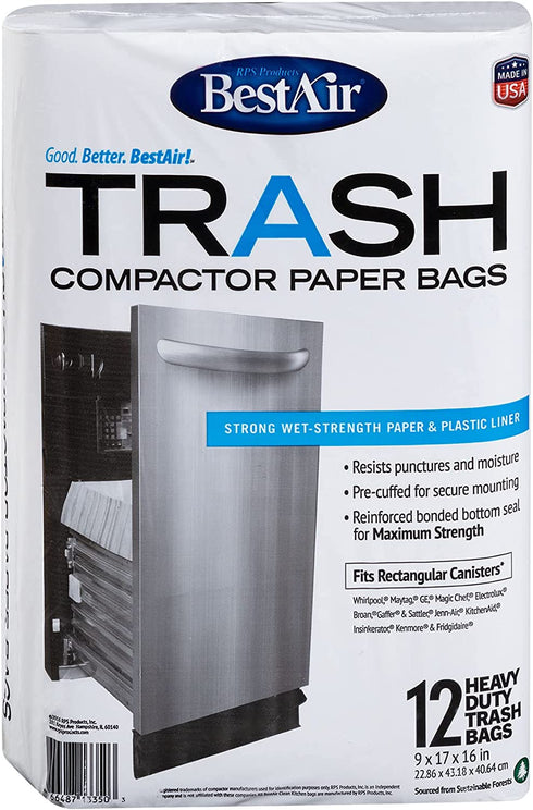 BestAir WMCK1335012-6 Heavy Duty Trash Compactor Bags, 16'' D x 9'' W x 17'' H, Pack of 1 (12 Bags)