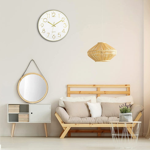 Lumuasky Modern Wall Clock, Silent Non-Ticking Battery Operated Decorative Clock for Living Room Bedrooms Office Kitchen (White Gold, 12 inch)