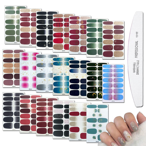 WOKOTO 20 Sheets Full Wraps Nail Art Polish Stickers Strips Set with 1Pc Nail File Glitter Star Adhesive Nail Decals Manicure Tips