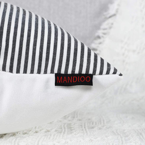 MANDIOO Pack of 2 Farmhouse Decorative Throw Pillow Covers Boho Accent Cushion Cases Pillowcases for Couch Sofa Bedroom Faux Leather Cotton Linen Stripe 20x20 Inches Black