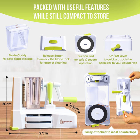 Brieftons 5-Blade Spiralizer (BR-5B-02): Strongest-and-Heaviest Duty Vegetable Spiral Slicer, Best Veggie Pasta Spaghetti Maker for Low Carb/Paleo/Gluten-Free, With Extra Blade Caddy, 4 Recipe Ebooks