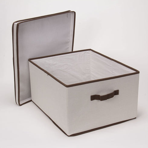Household Essentials 515 Storage Box with Lid and Handle- Natural Beige Canvas with Brown Trim- Jumbo
